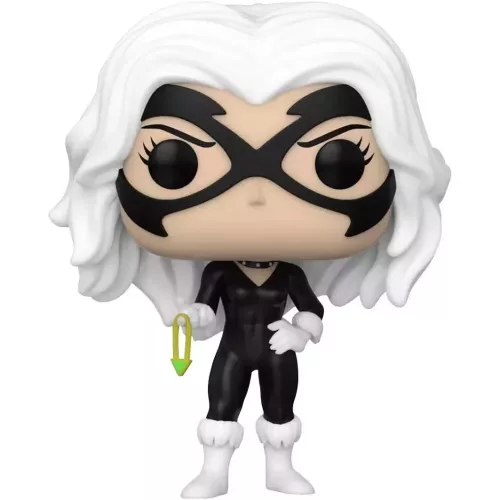 Figurine Funko Pop Black Cat (n°958), masque noir, cheveux blancs, combinaison noire bordée de fourrure