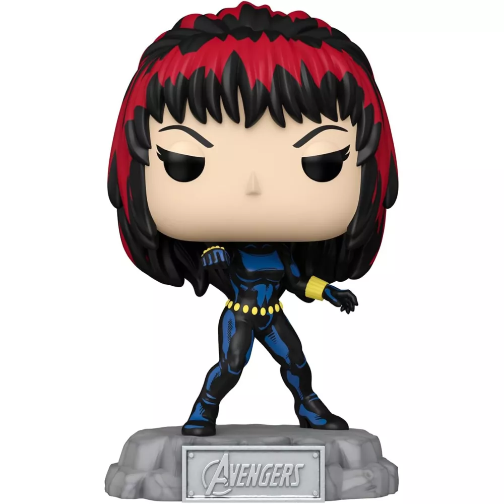 Figurine Funko Pop Black Widow (n°1260), combinaison noire et bleue, socle rocheux frappé du logo Avengers