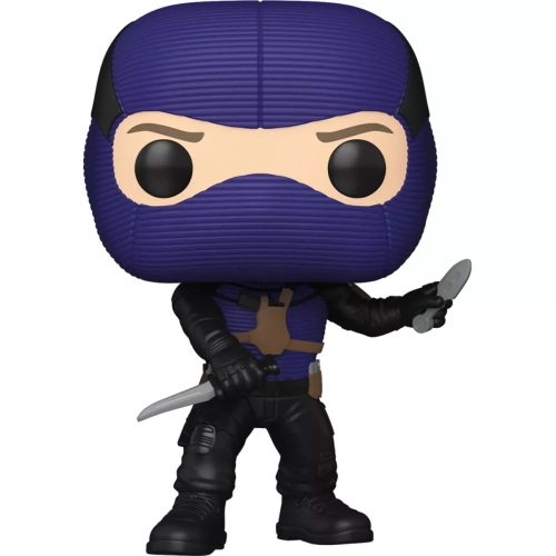 Figurine Funko Pop Bullseye (n°1546), masque bleu et noir texturé, couteaux en main