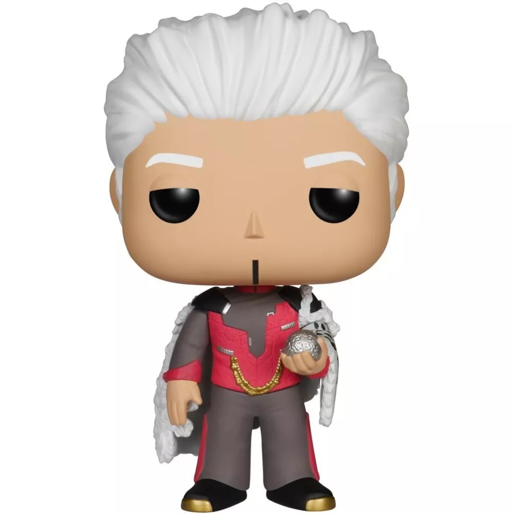 Figurine Funko Pop The Collector (n°77), cheveux blancs, robe rouge et grise, sphère argentée en main