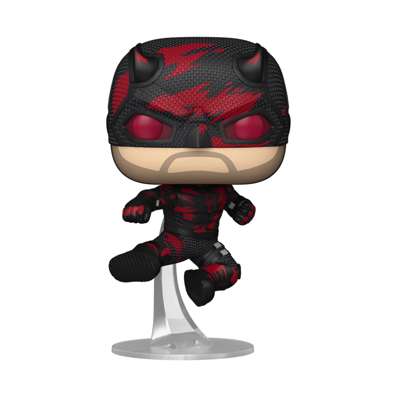 Figurine Funko Pop Daredevil (n°1579), costume rouge et noir abîmé, en saut