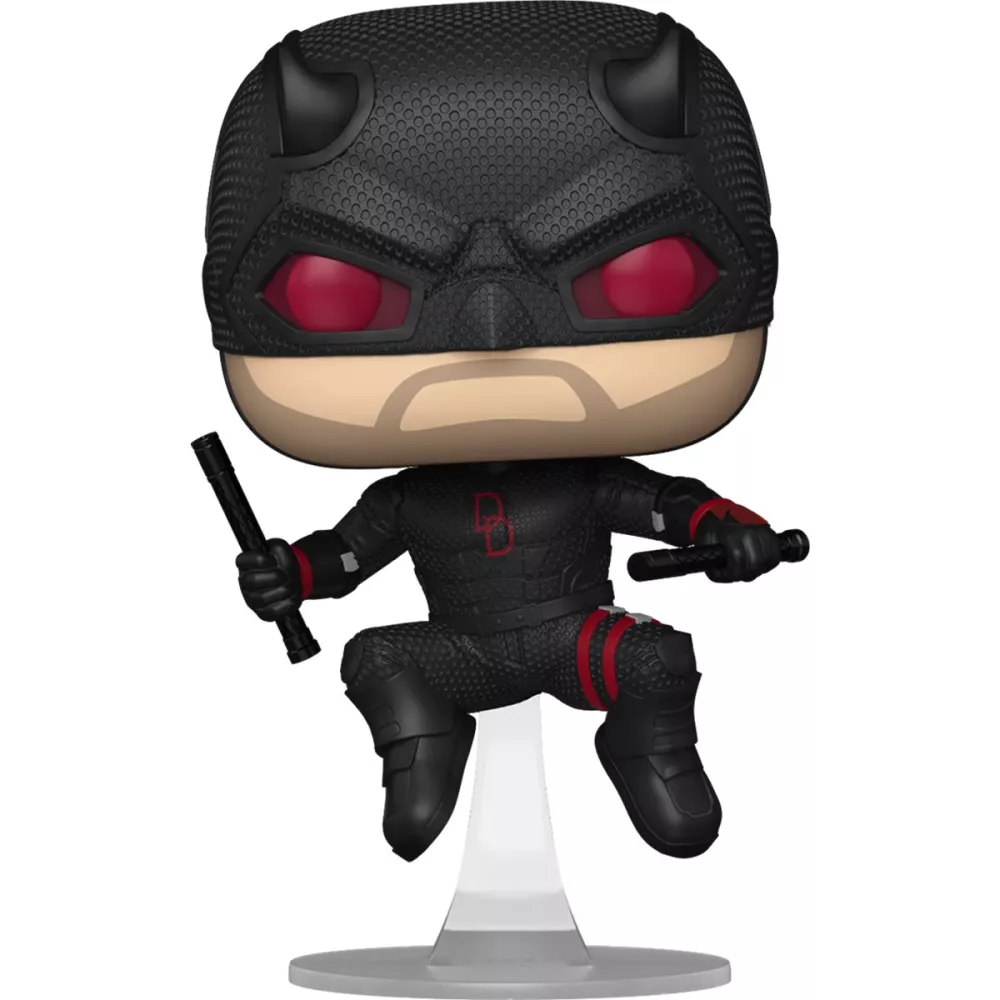 Figurine Funko Pop Daredevil Black Suit (n°1578), costume noir et rouge, cornes, bâtons de combat, pose en vol