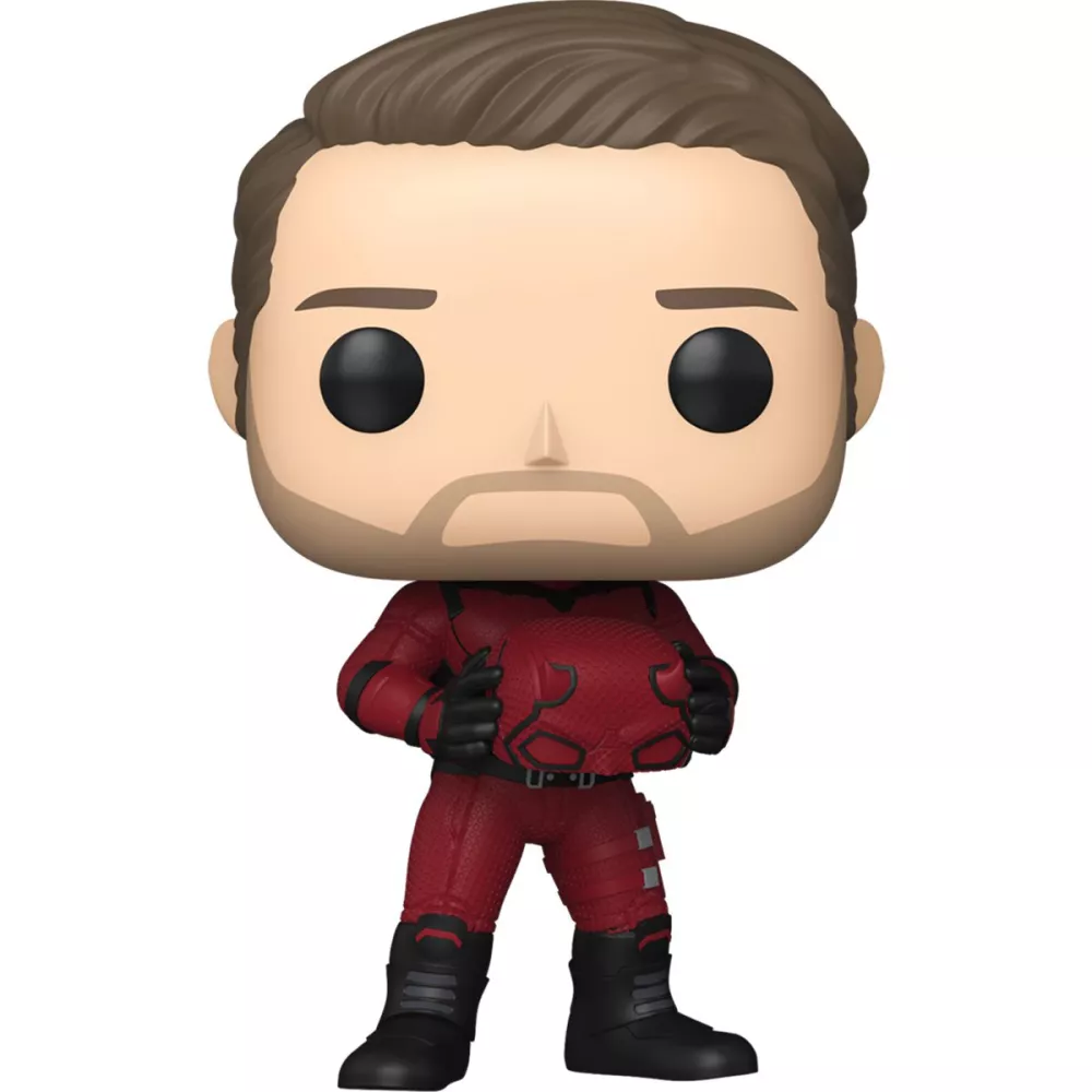 Figurine Funko Pop Daredevil Unmasked (n°1547), costume rouge, visage de Matt Murdock visible, cagoule tenue en main