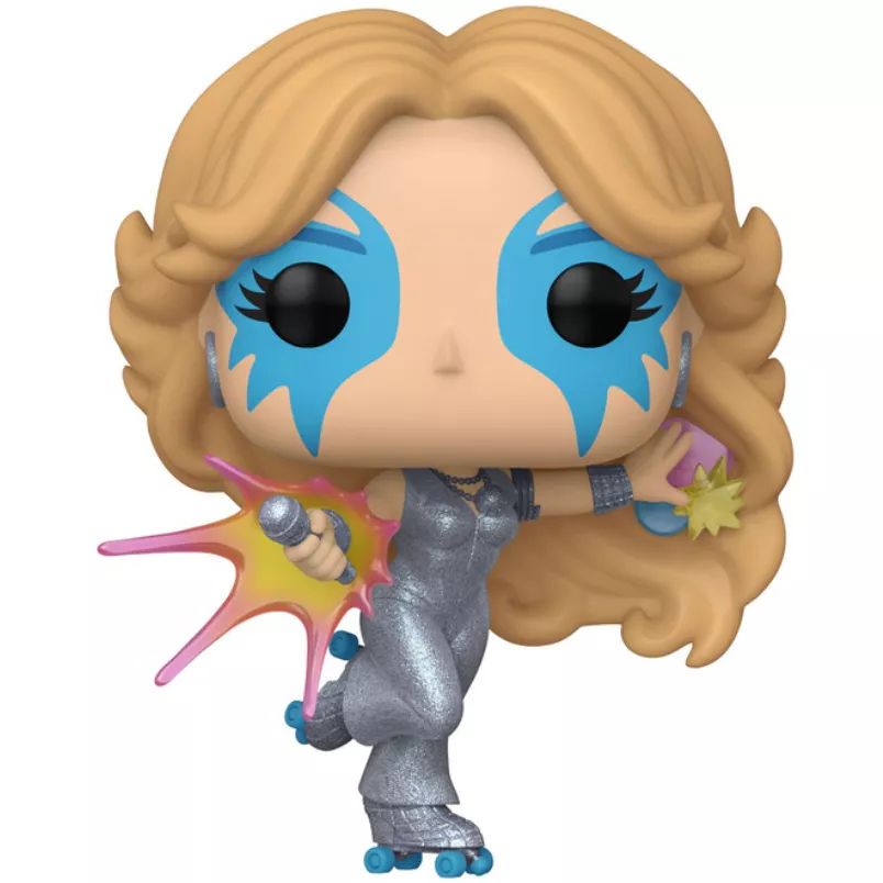 Figurine Funko Pop Dazzler (n°1506), combinaison métallique, patins à roulettes, micro et effet lumineux rose et jaune
