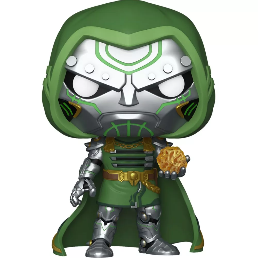 Figurine Funko Pop Doctor Doom (n°1064), armure verte et argentée, capuche, main gantée tenant une roche énergétique dorée