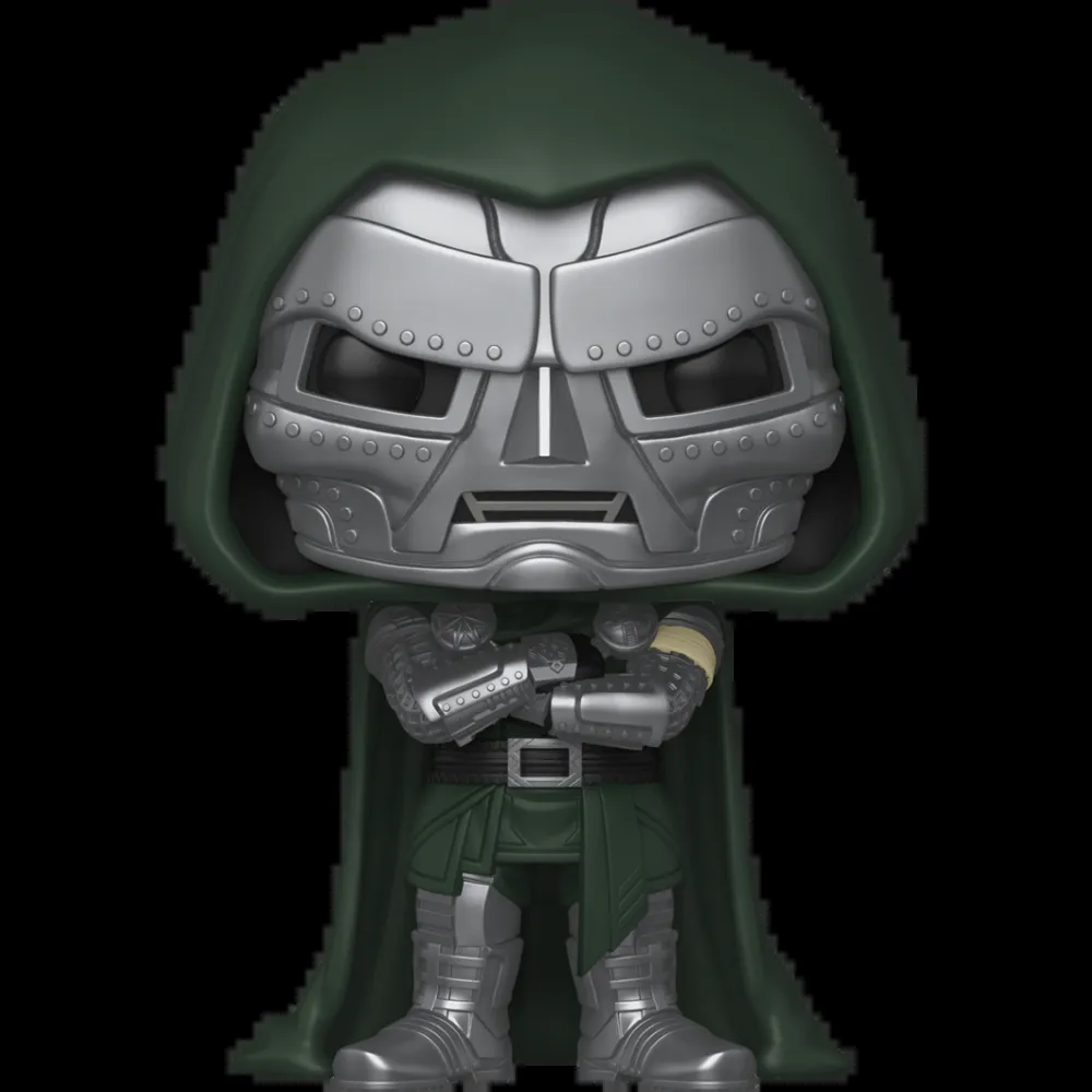 Figurine Funko Pop Doctor Doom (n°1636), capuche verte, masque métallique argenté, bras croisés