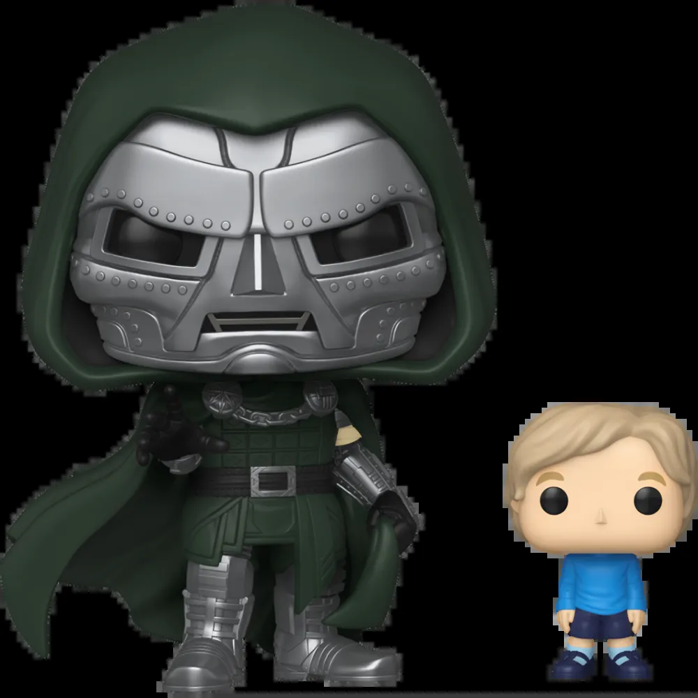 Figurine Funko Pop Doctor Doom (n°1645) avec Franklin Richards miniature, masque métallique, cape verte