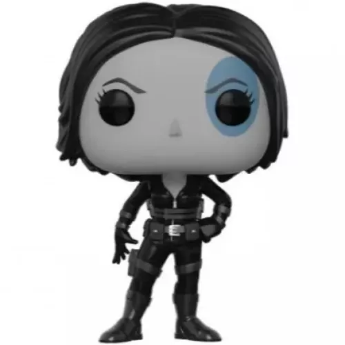 Figurine Funko Pop Domino (n°315), tenue tactique noire, tache sombre caractéristique autour de l'œil