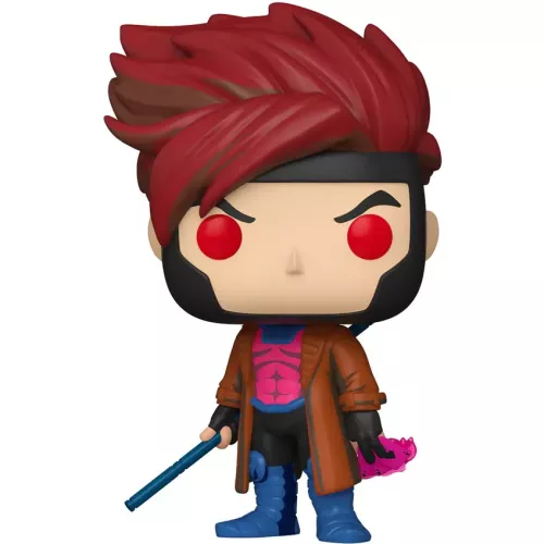 Figurine Funko Pop Gambit (n°1279), yeux rouges, trench marron, bâton et carte chargée en main