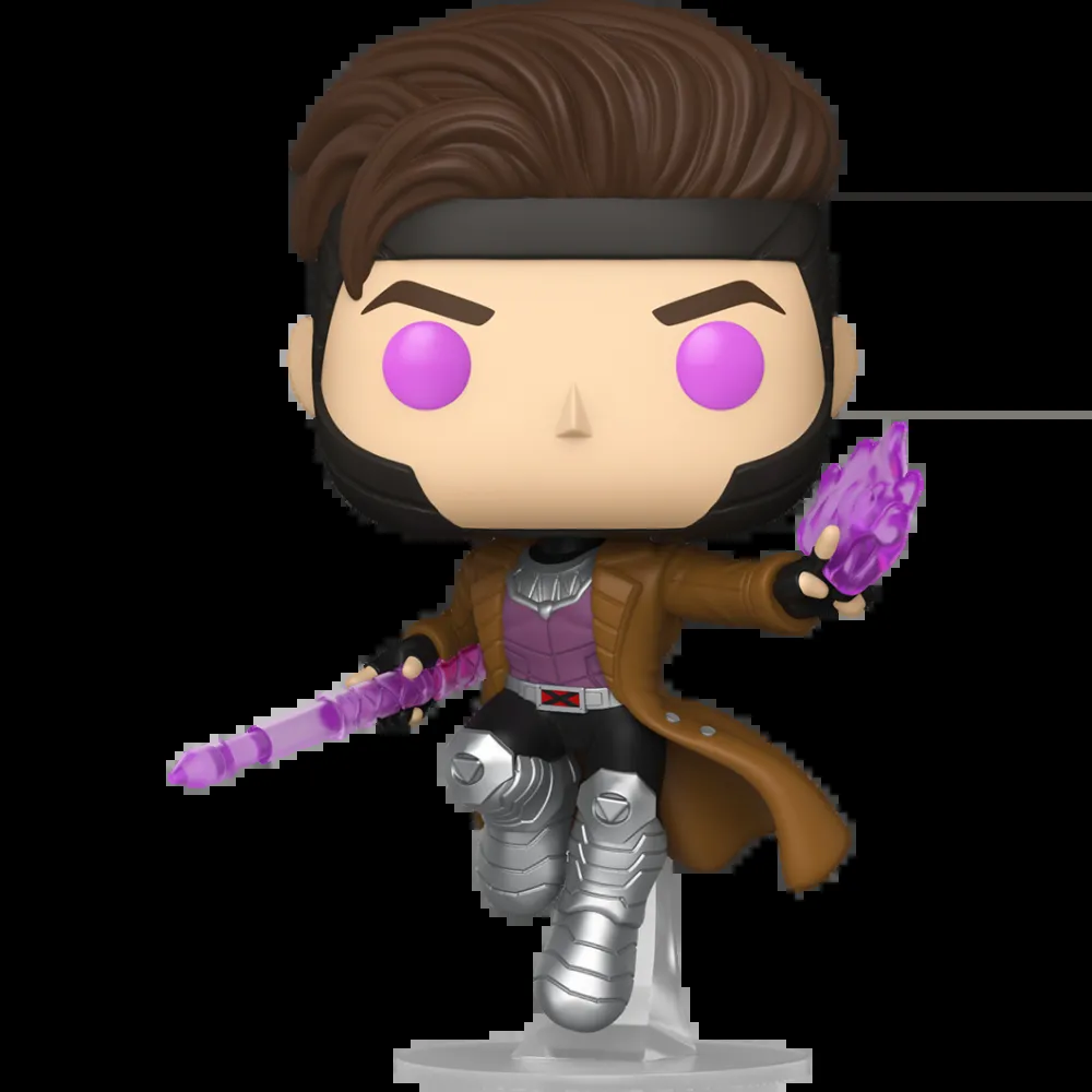 Figurine Funko Pop Gambit (n°1676), trench marron, yeux violets, bâton et carte énergie rose