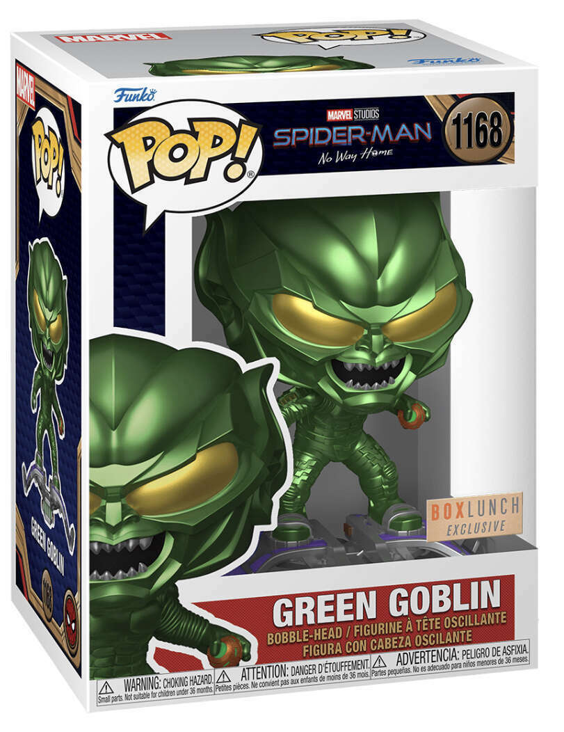 Figurine Funko Pop Green Goblin (n°1168), masque et costume verts luisants, grenade à citrouille en main