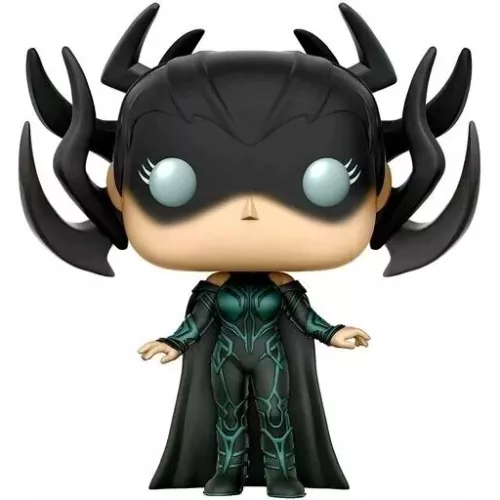 Figurine Funko Pop Hela (n°243), coiffe noire en forme de bois de cerf, cape vert et noir