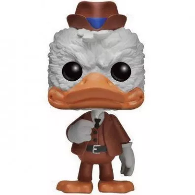 Figurine Funko Pop Howard the Duck (n°64), plumage blanc, bec orange, trench-coat et chapeau marron