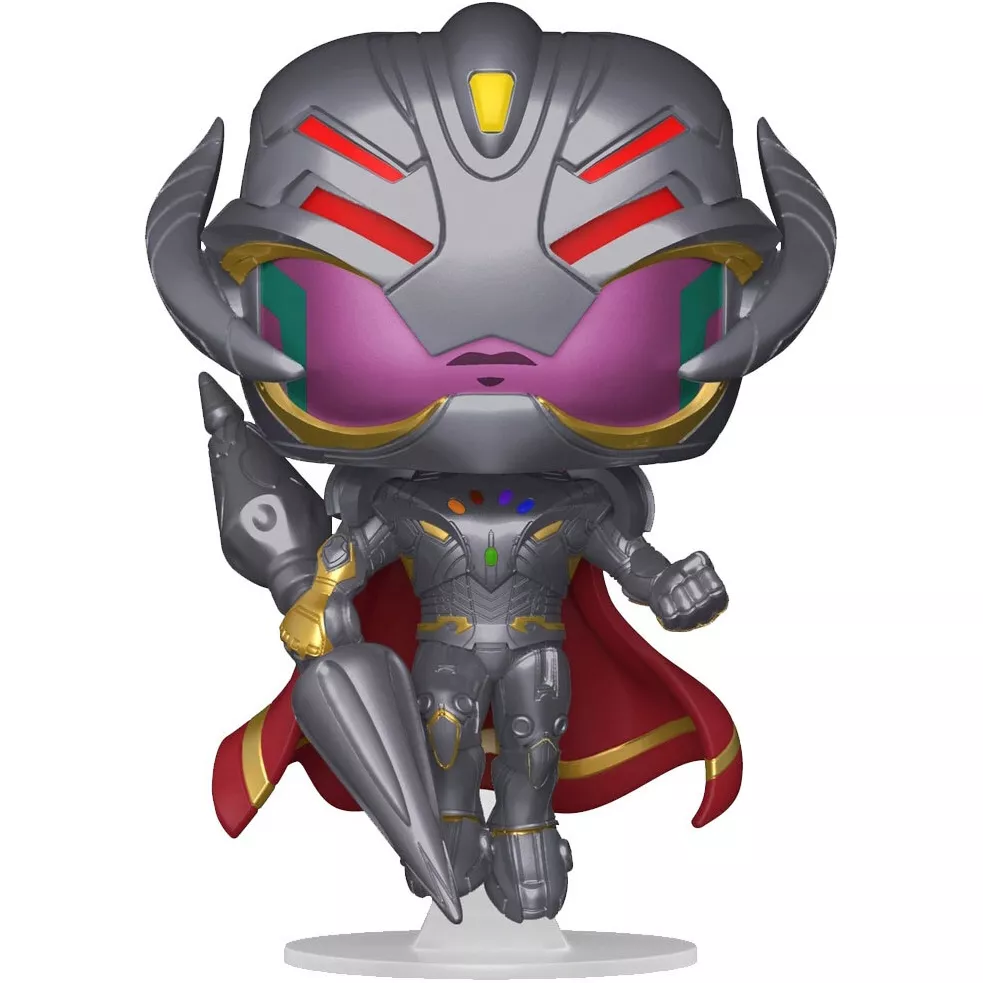 Figurine Funko Pop Infinity Ultron (n°977), armure grise et dorée façon Vision, Pierres d'Infini incrustées sur le torse, cape rouge