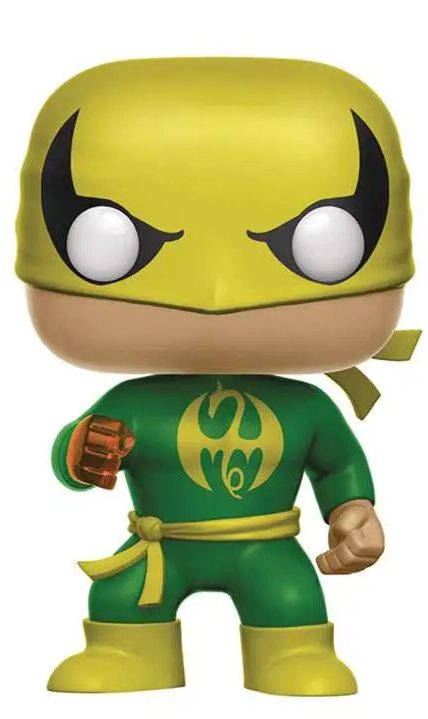 Figurine Funko Pop Iron Fist (n°188), masque jaune et vert, symbole du dragon sur la poitrine