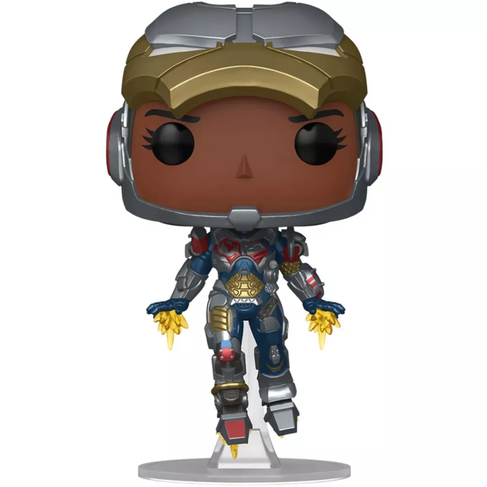 Figurine Funko Pop Ironheart Model 4 (n°1563), armure bleue, or et rouge, visage visible, effets d'énergie dorés aux mains