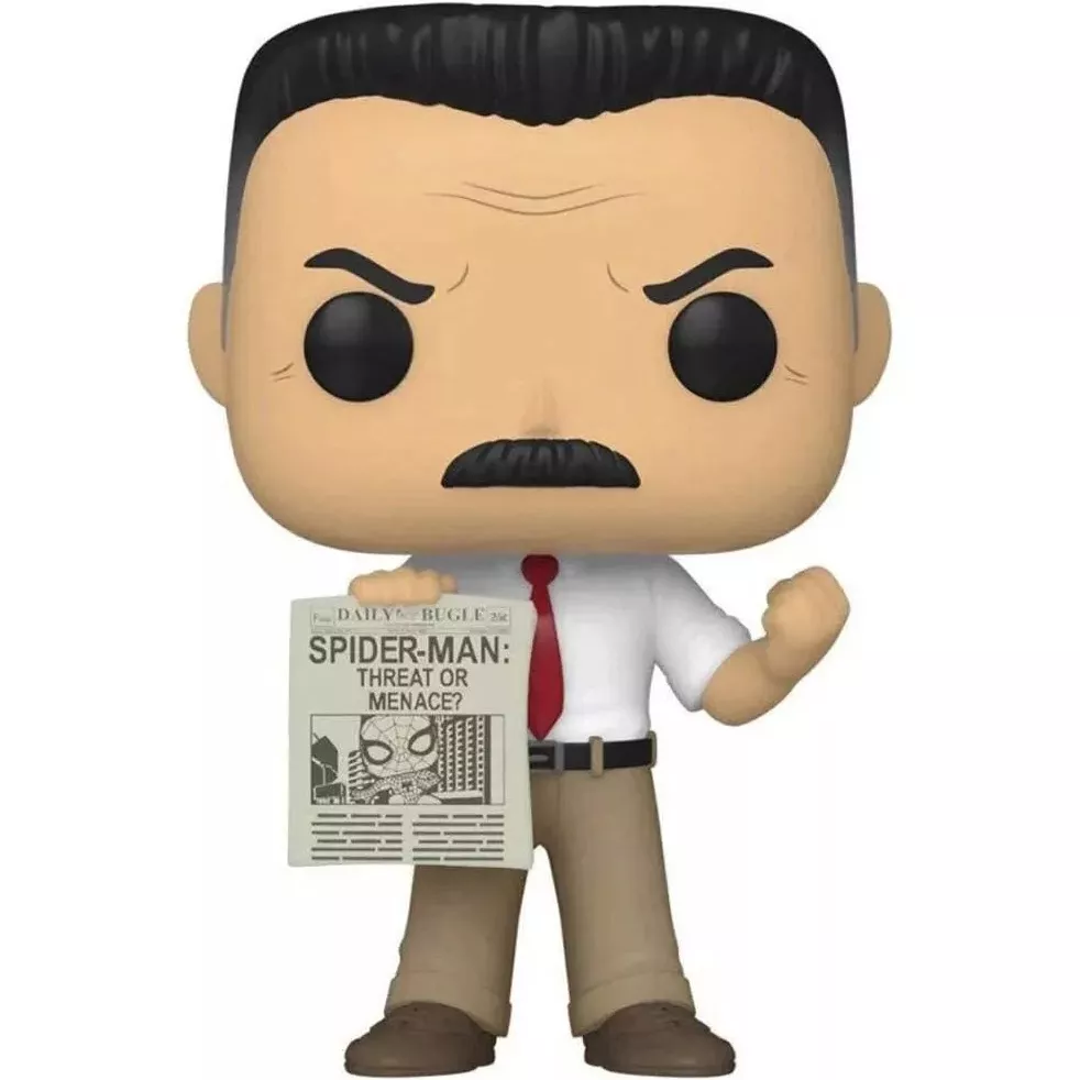 Figurine Funko Pop J. Jonah Jameson (n°1057), moustache noire, chemise blanche et cravate rouge, brandit un numéro du Daily Bugle