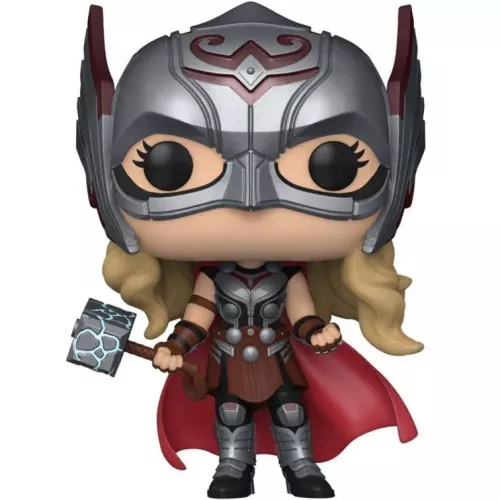 Figurine Funko Pop Jane Foster (n°1041), casque argenté ailé, cape rouge, Mjolnir en main