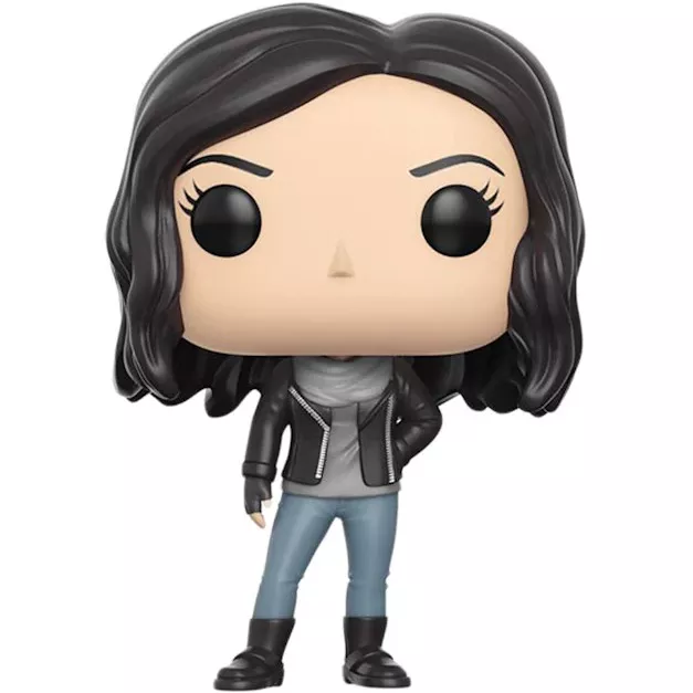 Figurine Funko Pop Jessica Jones (n°162), blouson en cuir noir, jean, cheveux bruns mi-longs