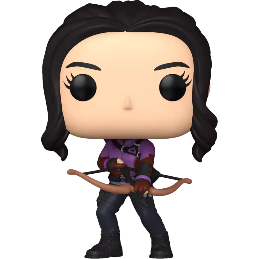 Figurine Funko Pop Kate Bishop (n°1215), cheveux noirs, tenue violette, arc bandé en main