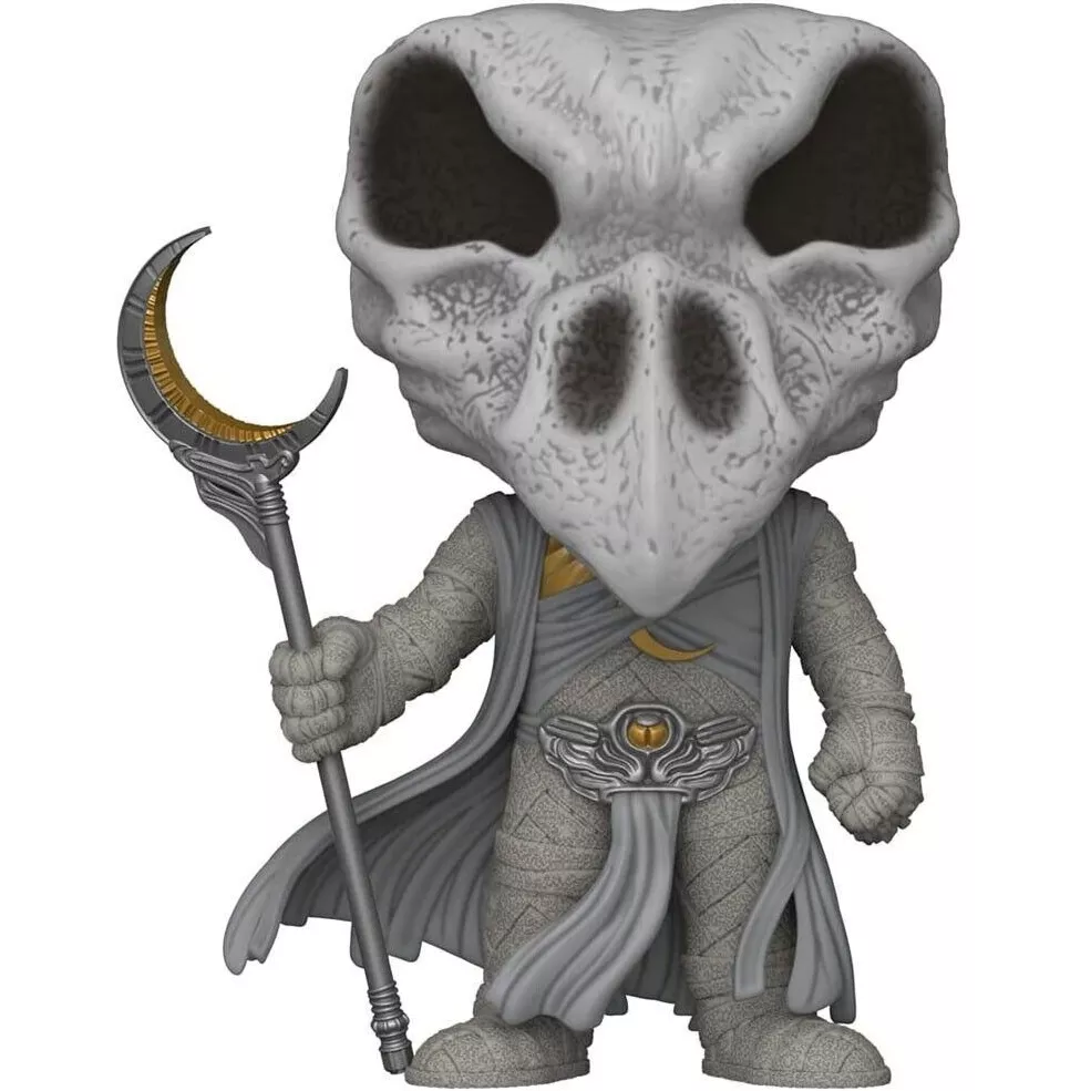 Figurine Funko Pop Khonshu (n°1049), crâne squelettique aviaire gris, bandelettes, bâton lunaire doré