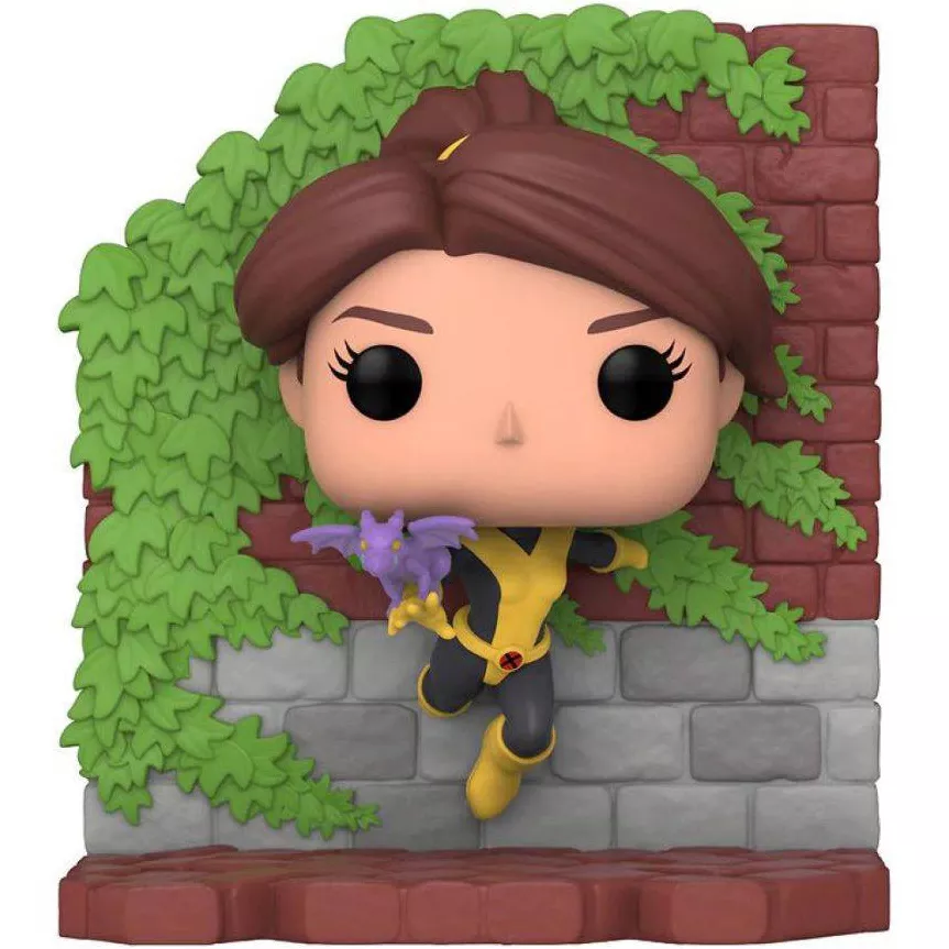 Figurine Funko Pop Kitty Pryde (n°1054), traversant un mur de briques et de lierre, dragon violet Lockheed dans sa main