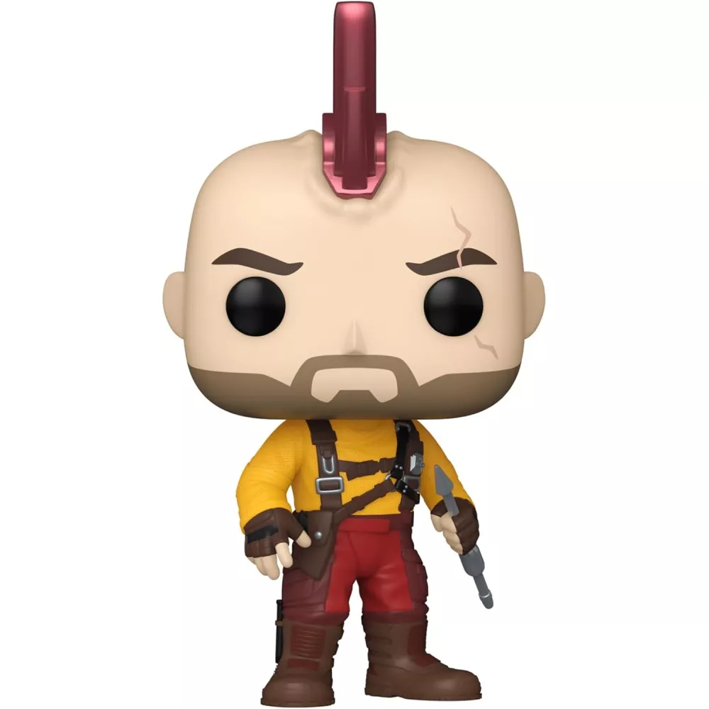 Figurine Funko Pop Kraglin (n°1209), crête rouge, tenue jaune et rouge, harnais de cuir, lame en main