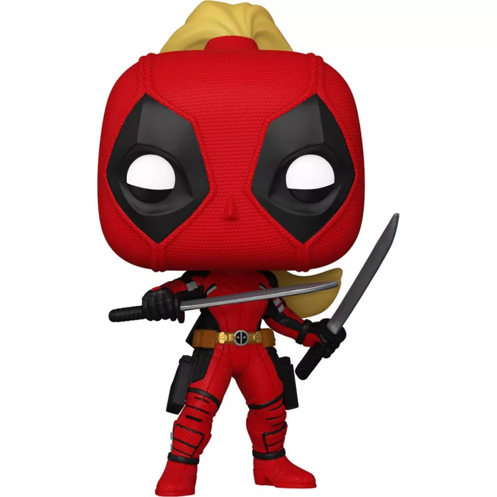 Figurine Funko Pop Lady Deadpool (n°1404), costume rouge, queue de cheval blonde, deux sabres en main