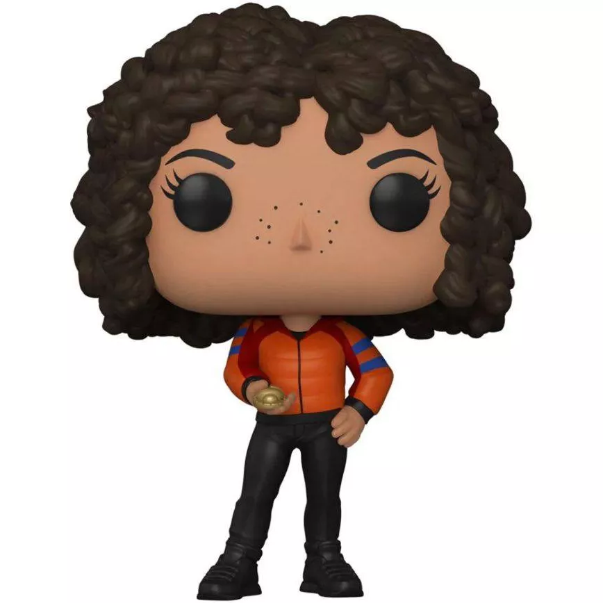 Figurine Funko Pop Layla El-Faouly (n°1050), cheveux bruns bouclés, veste orange et bleue, scarabée doré en main