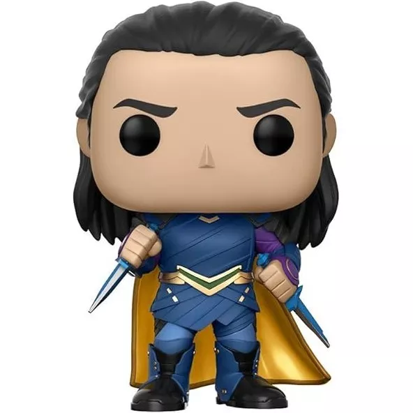Figurine Funko Pop Loki (n°242), armure bleue et cape dorée, deux poignards en main