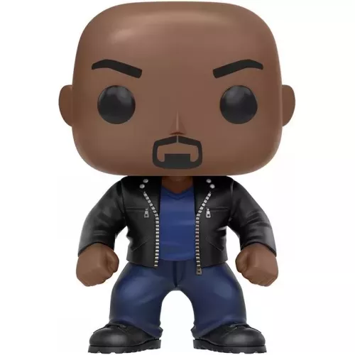 Figurine Funko Pop Luke Cage (n°163), blouson en cuir noir, t-shirt bleu