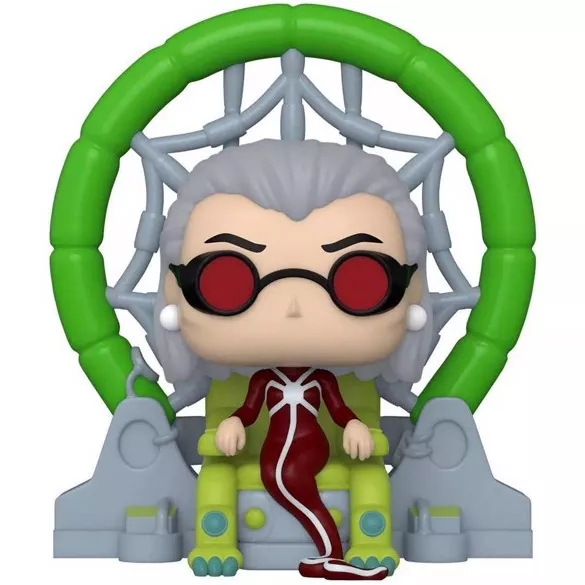 Figurine Funko Pop Madame Web (n°960), femme âgée aux cheveux gris assise dans un fauteuil-toile vert, lunettes rouges