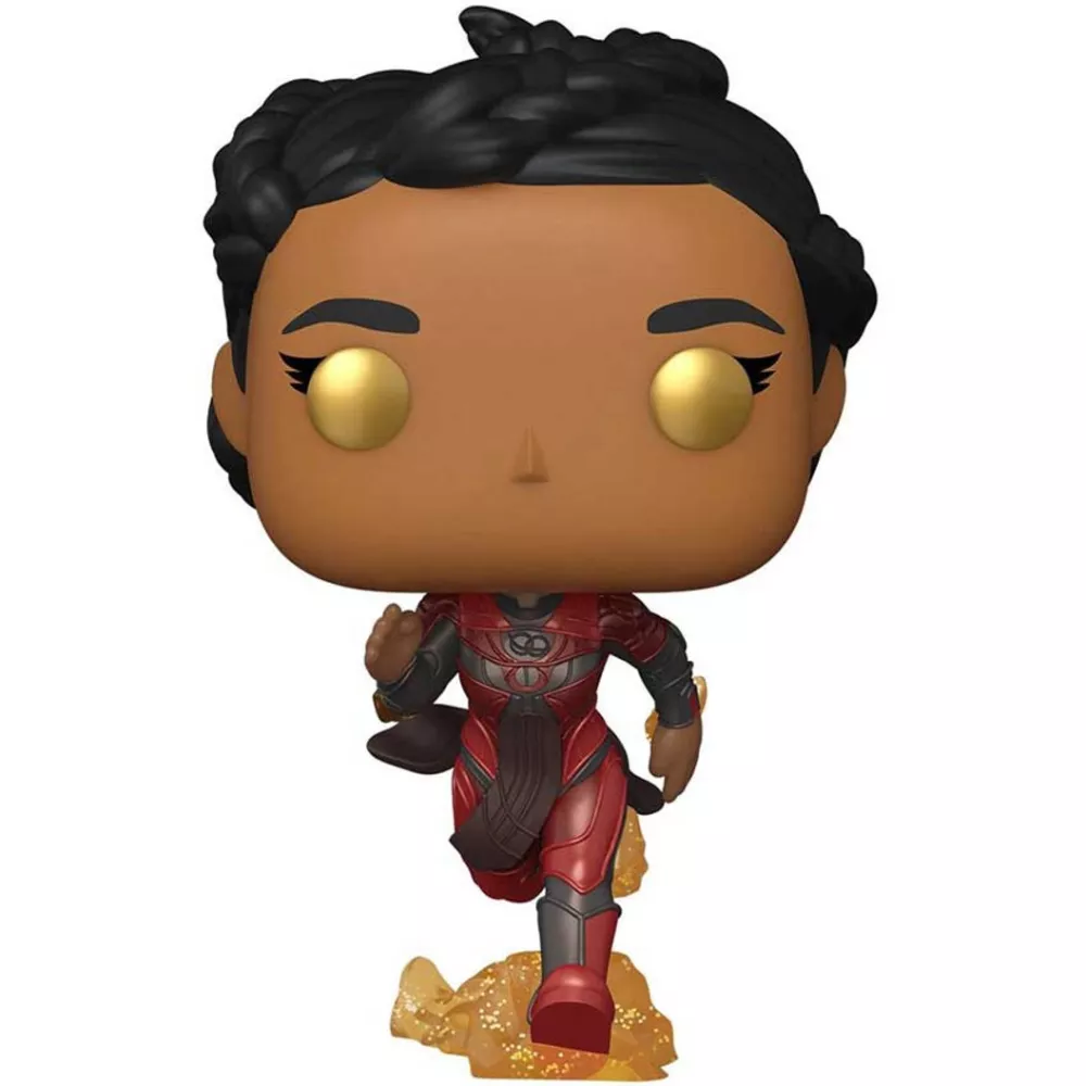 Figurine Funko Pop Makkari (n°734) en pleine course, combinaison rouge et noire, effet de vitesse doré aux pieds
