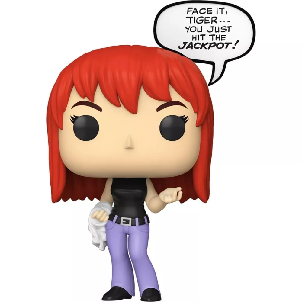 Figurine Funko Pop Mary Jane Watson (n°1260), cheveux roux, débardeur noir, pantalon lilas, bulle de dialogue "Face it, Tiger..."