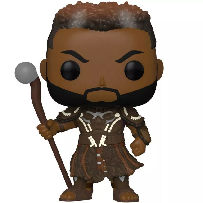 Figurine Funko Pop M'Baku (n°1098), tenue tribale Jabari marron à motifs blancs, bâton à pommeau en main
