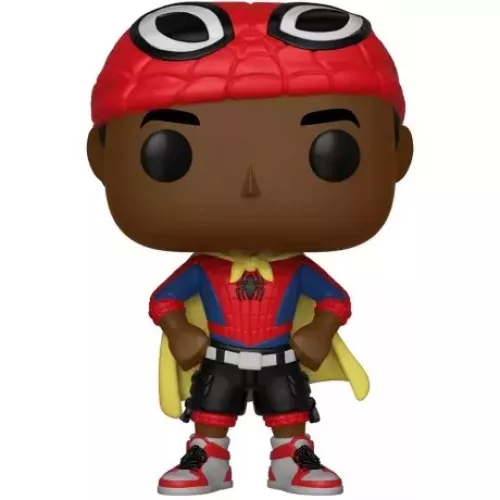 Figurine Funko Pop Miles Morales (n°403), masque relevé, costume rouge et bleu, cape jaune