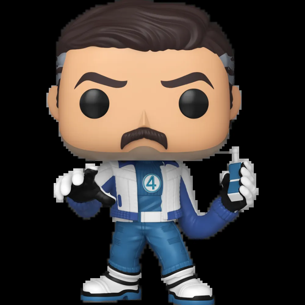 Figurine Funko Pop Mister Fantastic (n°1639), veste logo "4" bleue et blanche, communicateur en main