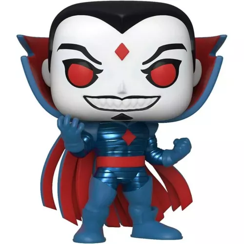 Figurine Funko Pop Mister Sinister (n°624), finition métallique bleue, losange rouge au front, cape rouge