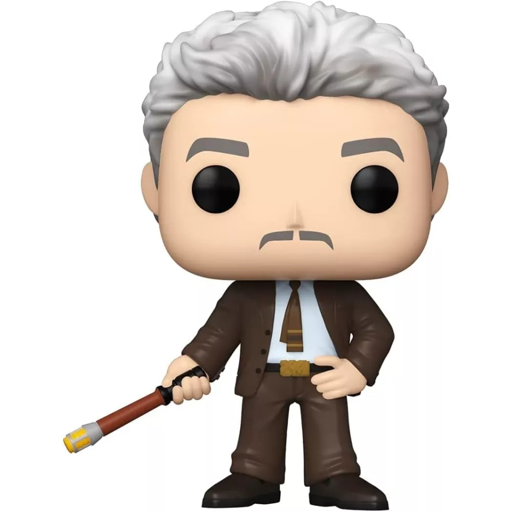 Figurine Funko Pop Mobius (n°896), cheveux gris, moustache, costume marron, bâton de réinitialisation temporelle en main