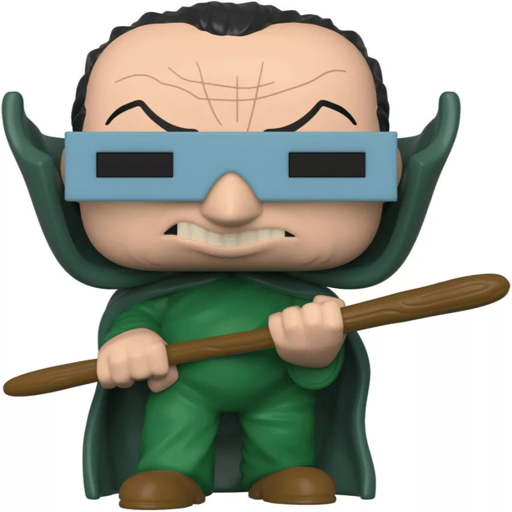 Figurine Funko Pop Mole Man (n°562), lunettes bleues opaques, cape et tenue verte, bâton en main