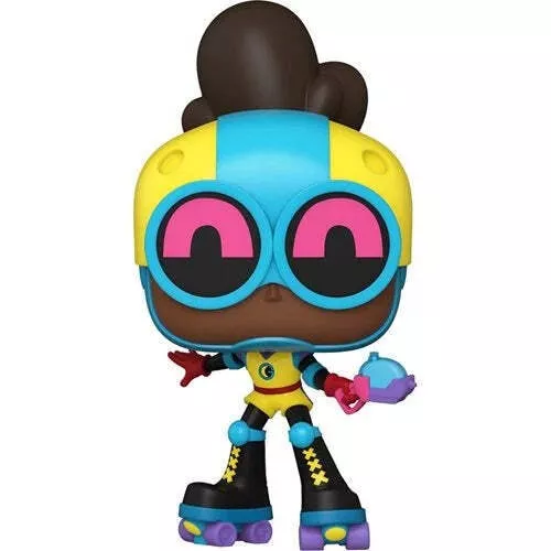 Figurine Funko Pop Moon Girl (n°1119), casque bleu et jaune à lunettes roses, combinaison noire à rayures jaunes, rollers