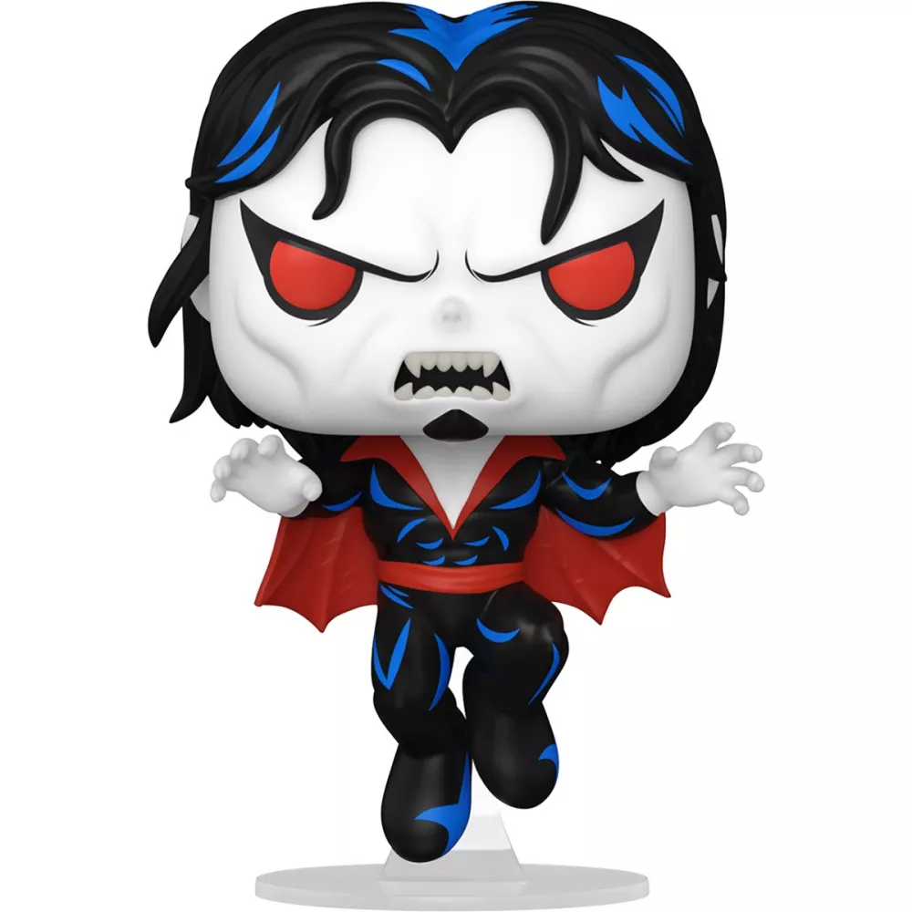 Figurine Funko Pop Morbius (n°1558), costume noir et bleu, cape rouge en ailes de chauve-souris, yeux rouges, crocs