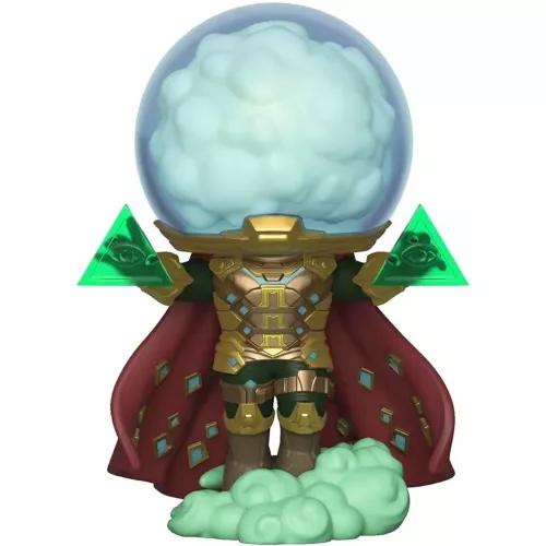 Figurine Funko Pop Mysterio (n°473), casque bulle de fumée, cape bordeaux, effets triangulaires verts