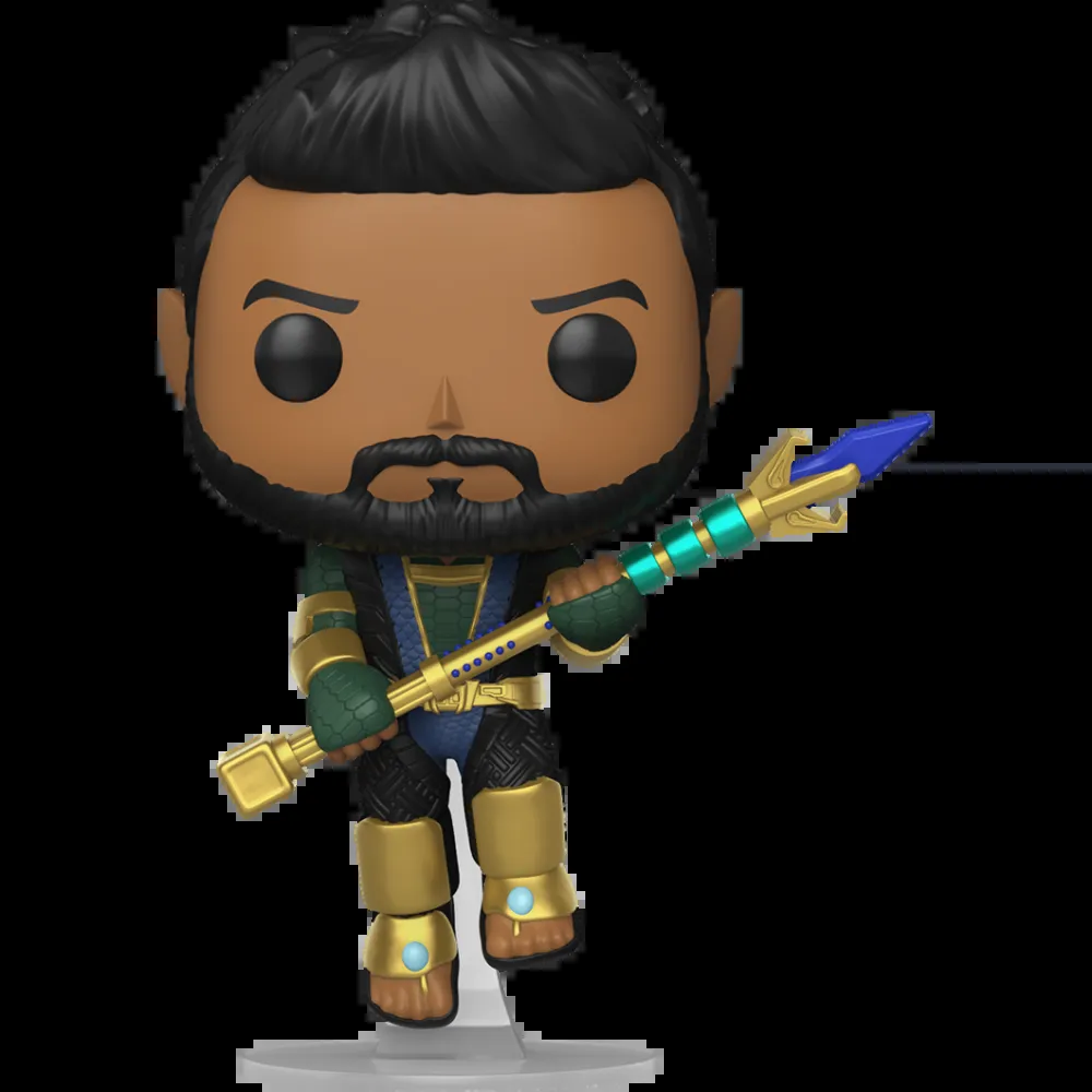 Figurine Funko Pop Namor (n°1678), armure dorée et verte, lance bleue, coiffe de plumes