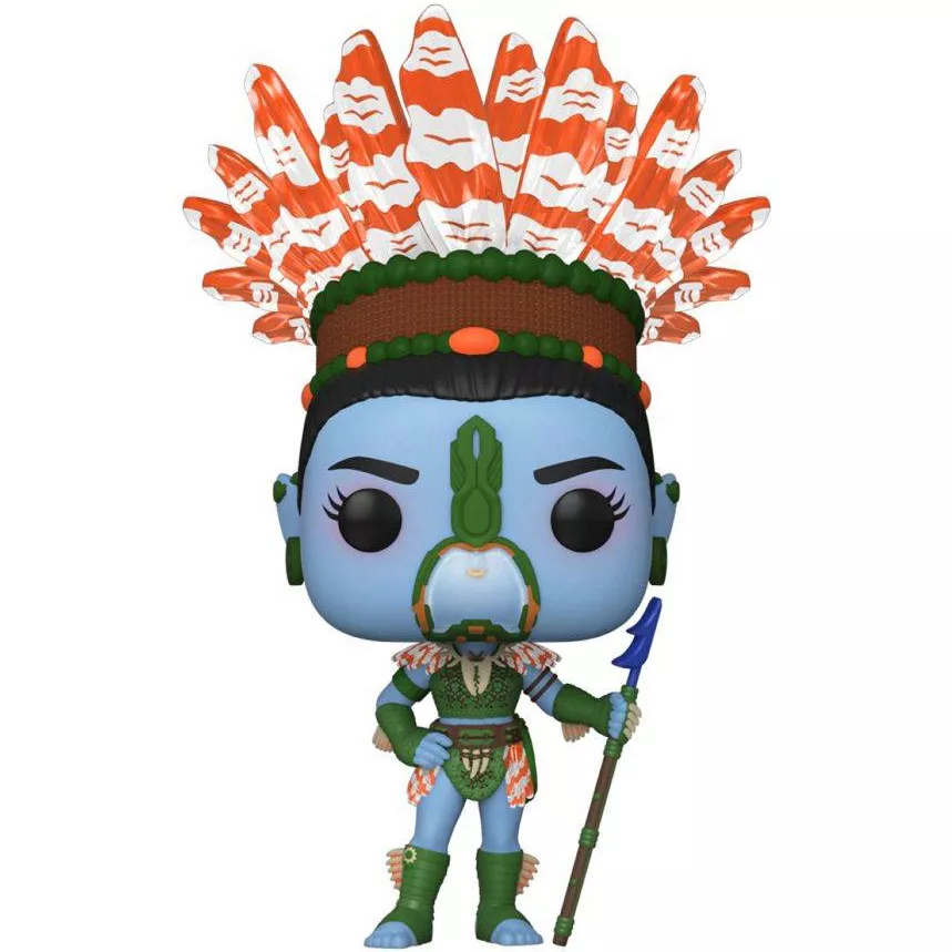 Figurine Funko Pop Namora (n°1097), peau bleue, coiffe de plumes oranges, lance en main