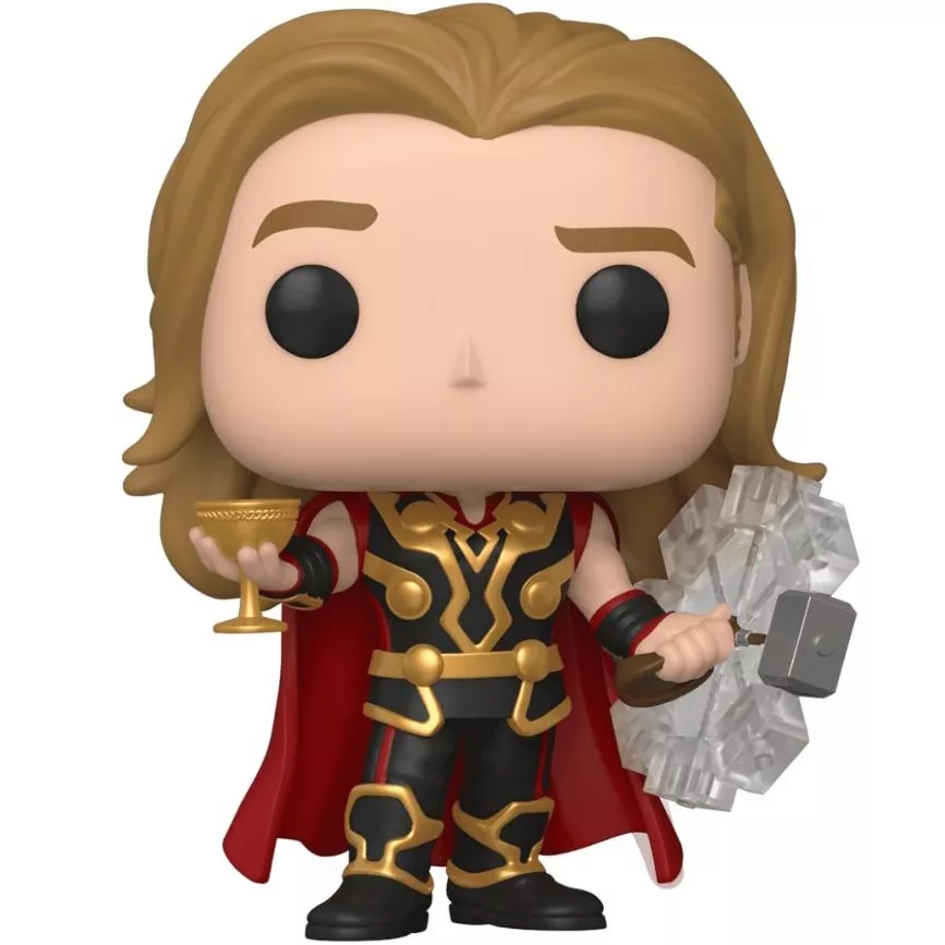 Figurine Funko Pop Party Thor (n°877), cheveux blonds longs, armure noire et dorée, calice en main, marteau translucide