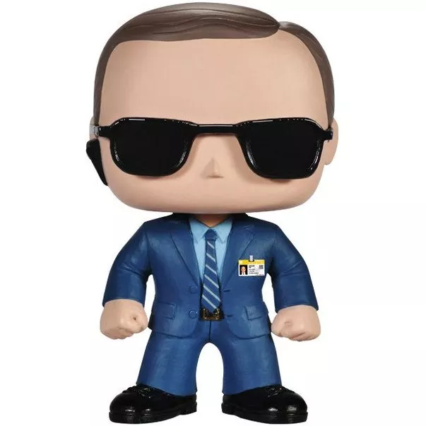 Figurine Funko Pop Agent Coulson (n°53), costume bleu marine, lunettes de soleil noires, badge S.H.I.E.L.D.