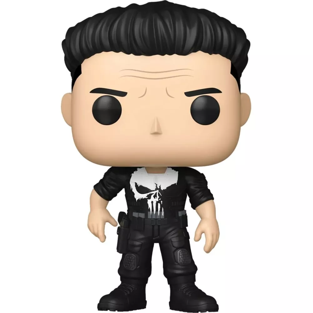 Figurine Funko Pop Punisher (n°1545), t-shirt noir, logo crâne blanc, ceinturon tactique