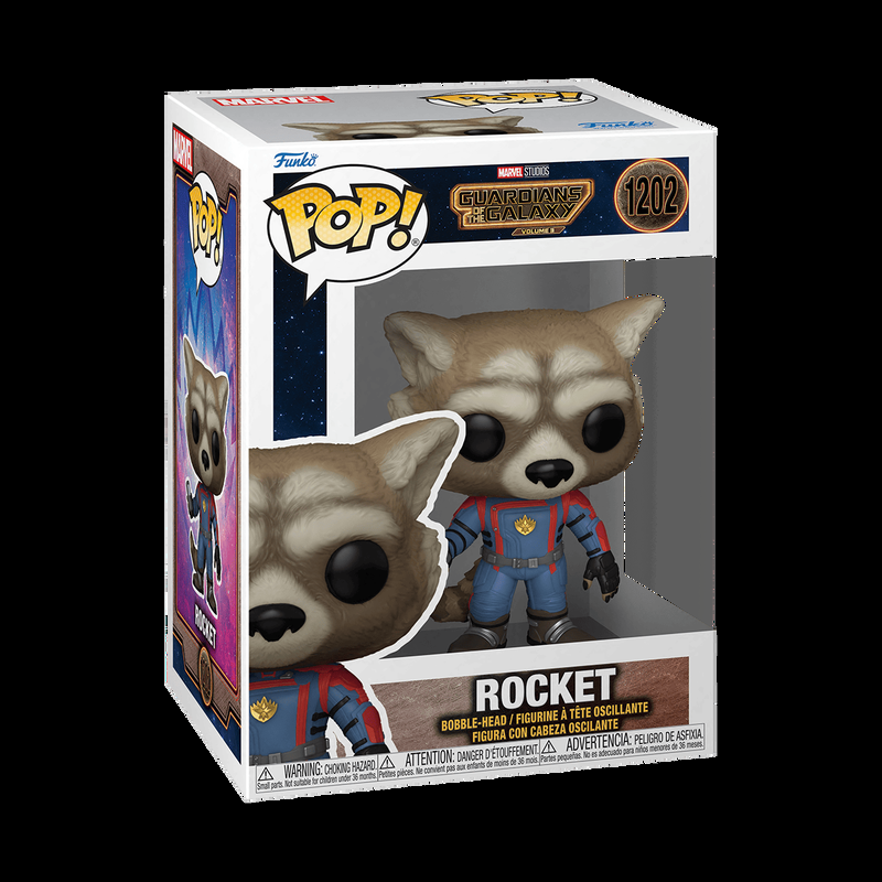 Figurine Funko Pop Rocket (n°1202), combinaison bleue et rouge des Gardiens