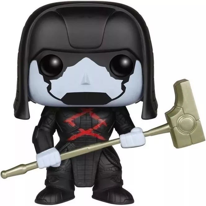 Figurine Funko Pop Ronan (n°75), armure noire marquée de croix rouges, marteau cosmique doré en main